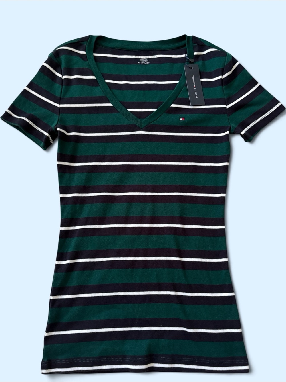 Tommy Hilfiger Green & Navy Striped V‑Neck Short Sleeve Tee NWT